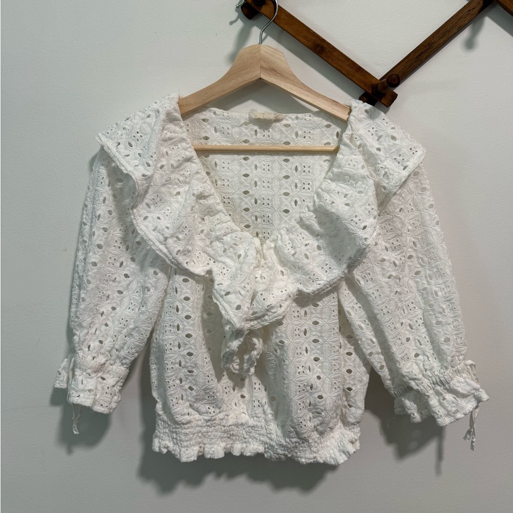 100% Cotton Anthropologie White Eyelet Ruffle Cropped Blouse